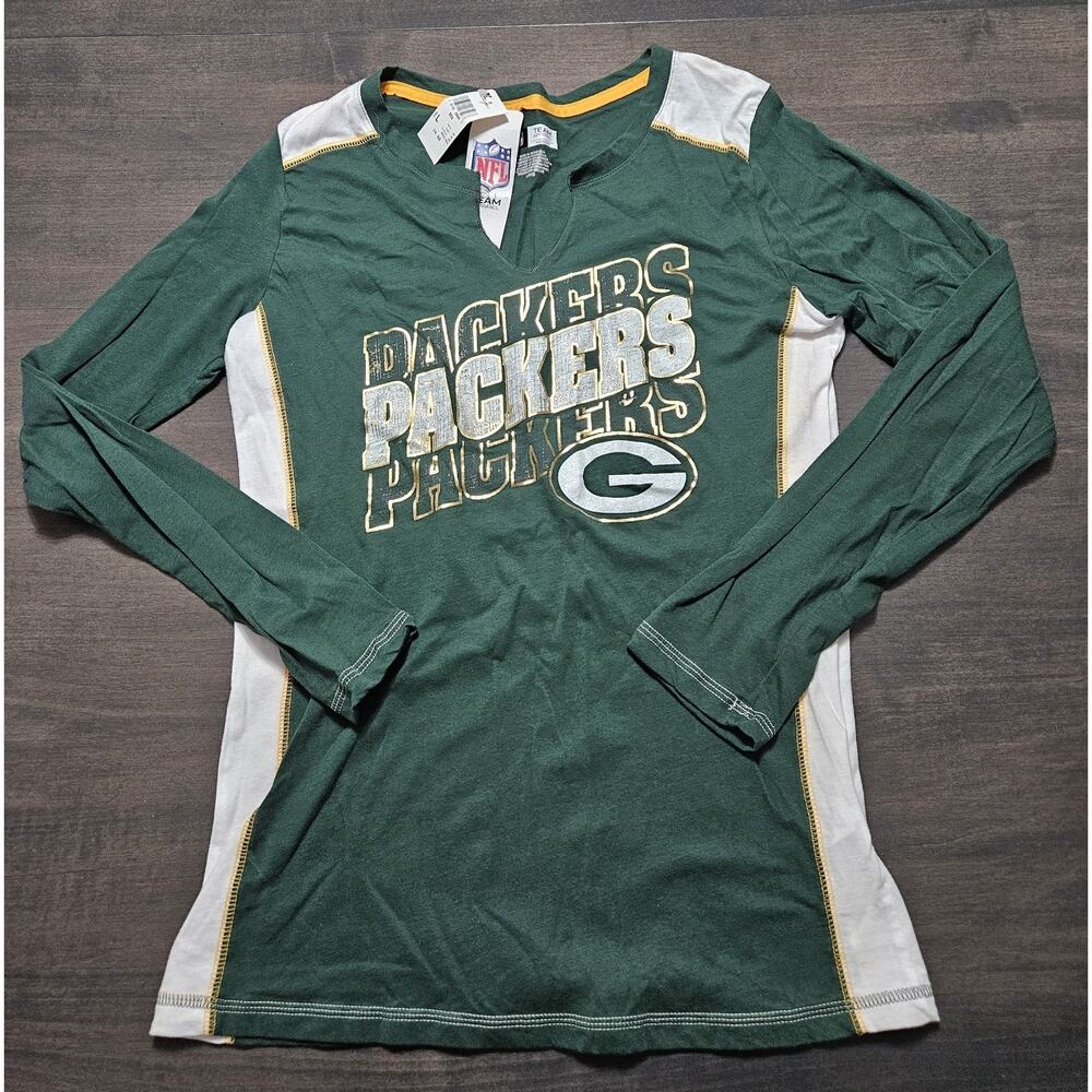 NFL Team Apparel Green Bay Packers Women's Long Sleeve Shirt Green Yellow Sz LG
